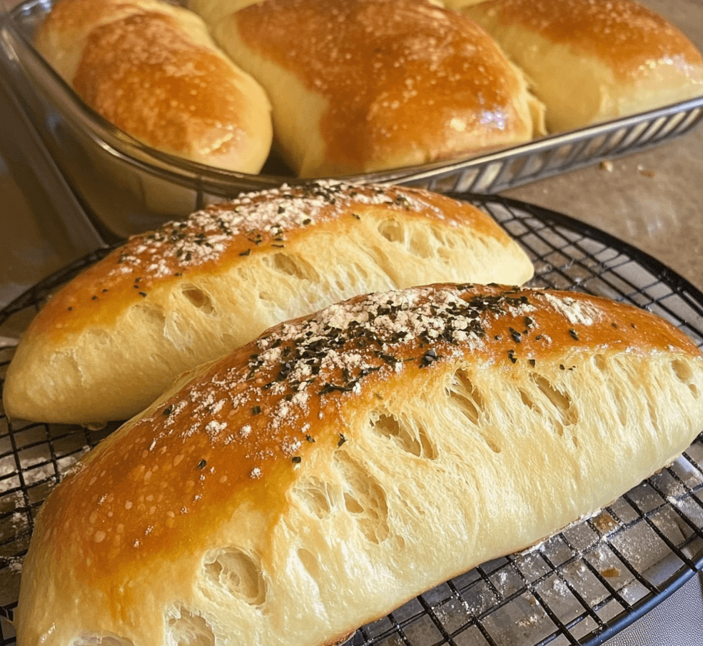 A freshly baked loaf of homemade bread, with a golden crust and soft, airy interior, sliced to reveal its fluffy texture.