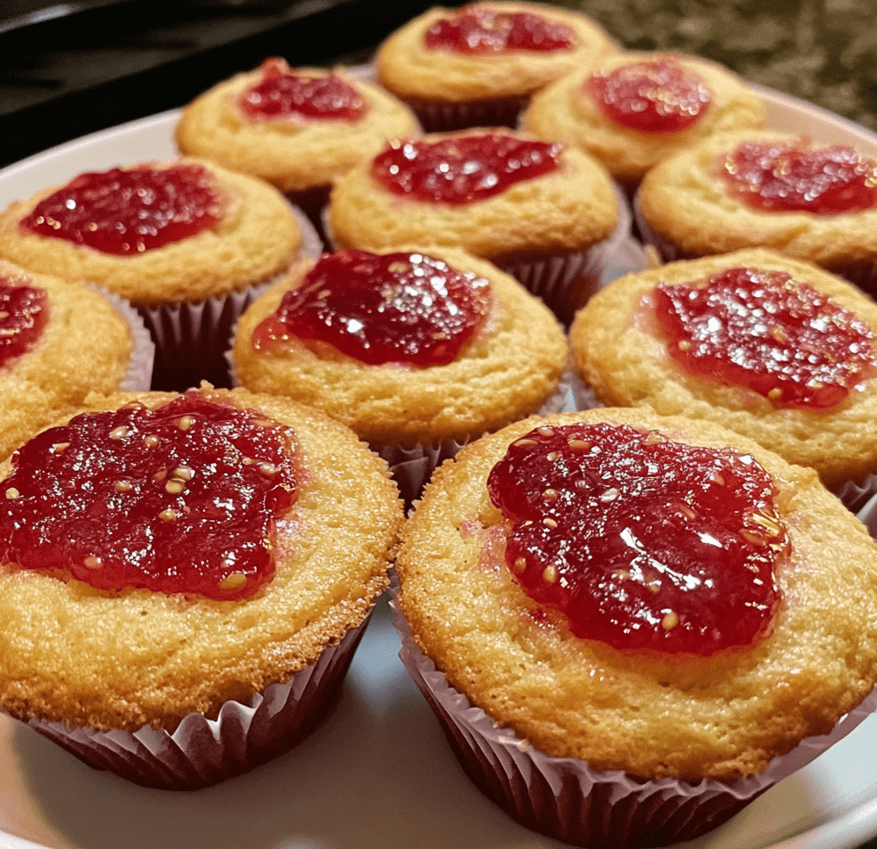 A batch of quick strawberry jam-filled muffins, with a visible swirl of bright red strawberry jam inside the soft, golden muffin, resting on a cooling rack.