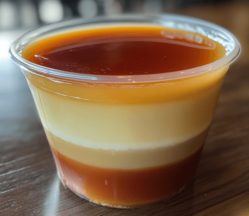 A single serving of flan in a clear plastic cup, topped with a glossy caramel layer, ready to enjoy.