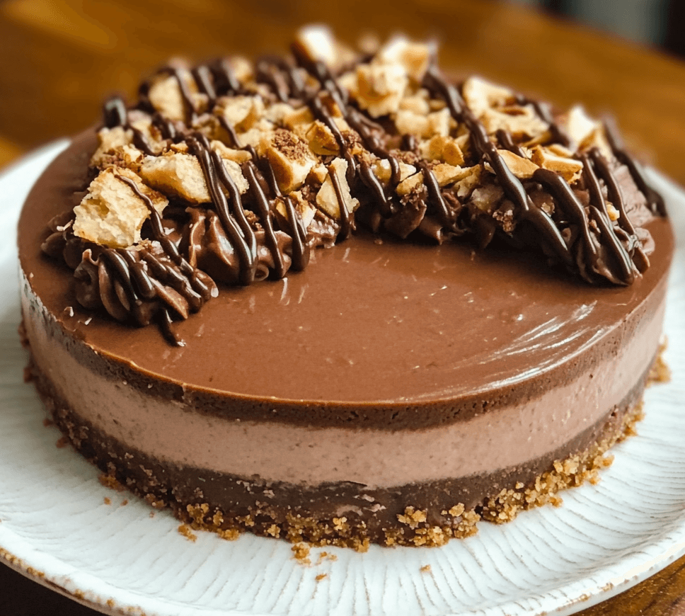 A slice of no-bake Nutella cheesecake, with a creamy Nutella filling, set on a graham cracker crust, topped with a drizzle of Nutella and chopped hazelnuts.