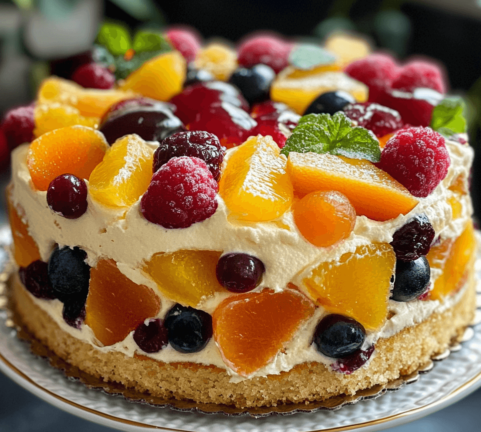 A vibrant eggless fresh fruit cake, topped with a colorful array of fresh fruits like berries, kiwi, and citrus, resting on a light, spongy base.