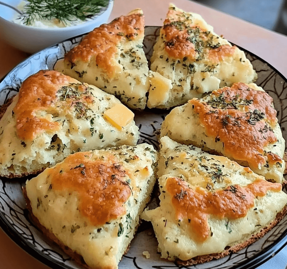 A plate of freshly baked cheese and herb scones, golden and flaky with melted cheese and finely chopped herbs, ready to be enjoyed.