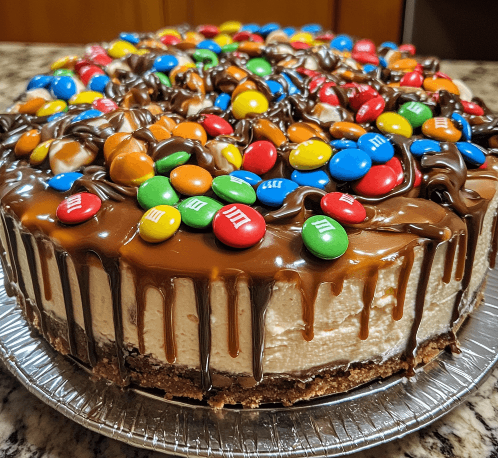 A slice of M&M caramel no-bake cheesecake delight, with a creamy caramel filling, colorful M&Ms scattered on top, and a buttery graham cracker crust.