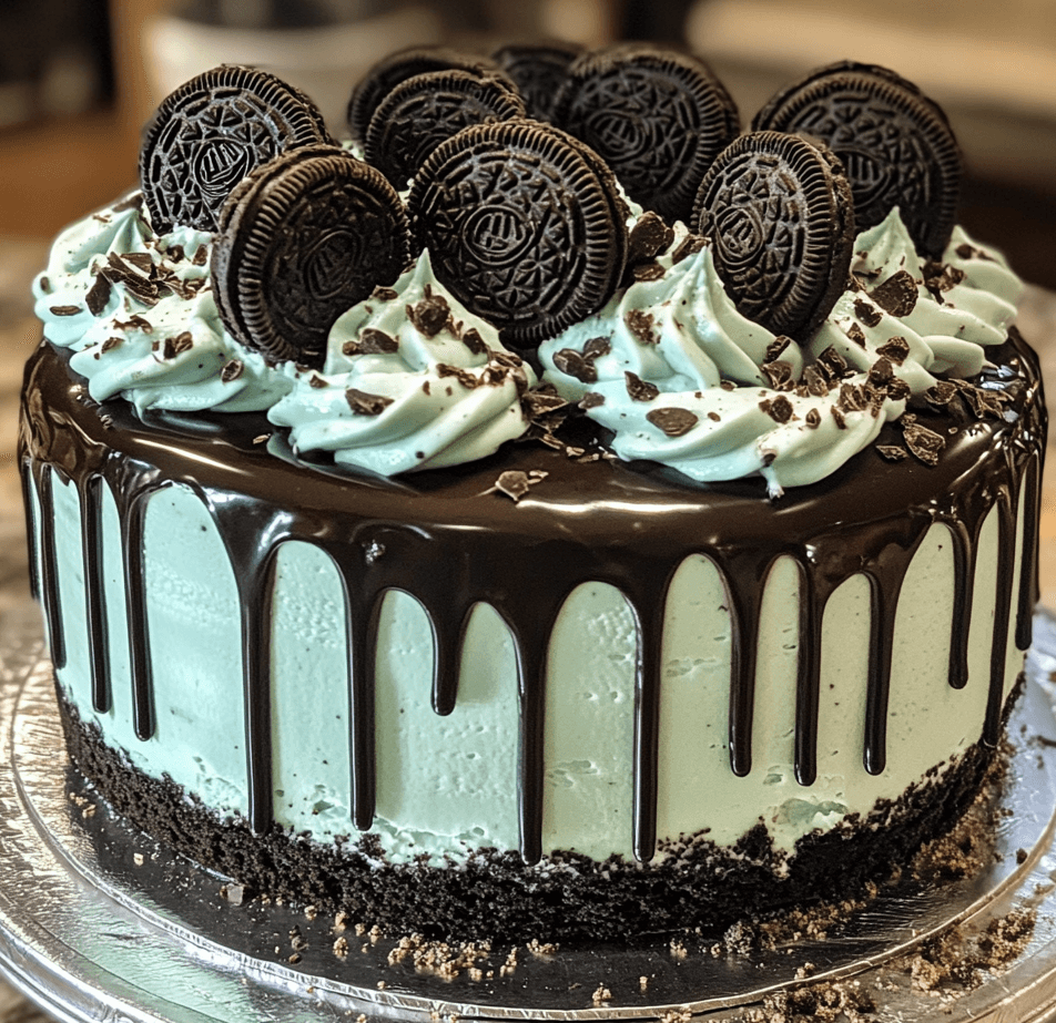 A Mint Chocolate Oreo Drip Cake with vibrant green mint frosting, layers of chocolate cake, topped with Oreos, and a glossy chocolate ganache drip.