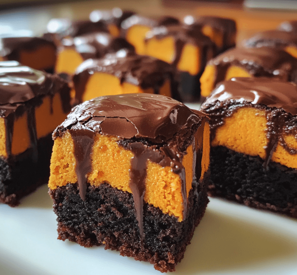 A plate of spooky melting pumpkin brownie bites, with gooey chocolate oozing out, decorated with pumpkin-shaped icing for a fun Halloween touch.