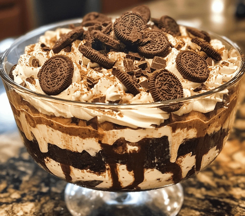 A glass trifle dish filled with layers of chocolate brownies, creamy cheesecake, and crushed Oreos, topped with whipped cream and chocolate shavings.