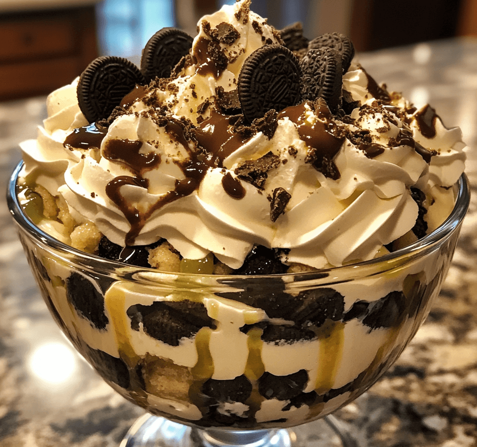 A layered trifle dish filled with creamy mint filling, crushed Oreos, and whipped cream, topped with mint leaves for a refreshing, indulgent dessert.