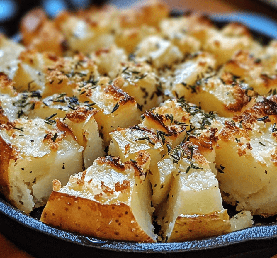 A freshly baked loaf of potato bread with a golden crust, sliced to reveal its soft and fluffy interior, placed on a wooden cutting board.