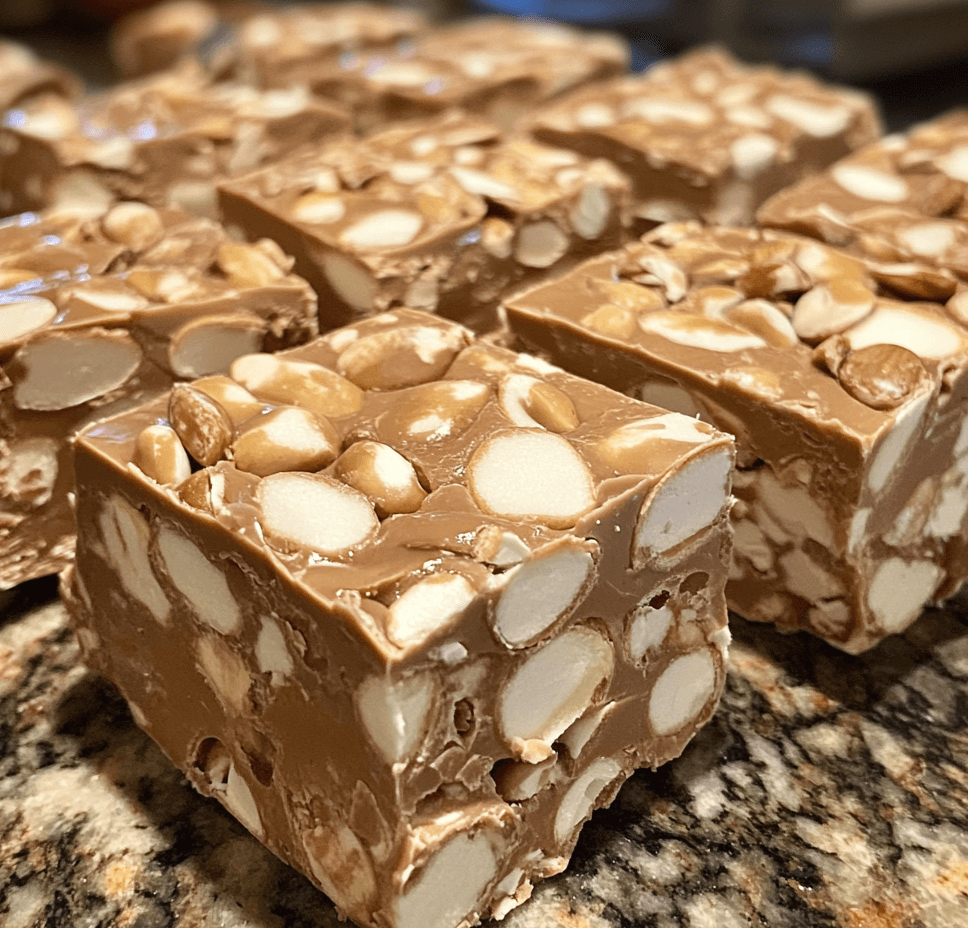 A close-up of homemade nougat bars, showcasing layers of chewy nougat, crunchy nuts, and a glossy finish, cut into bite-sized pieces.