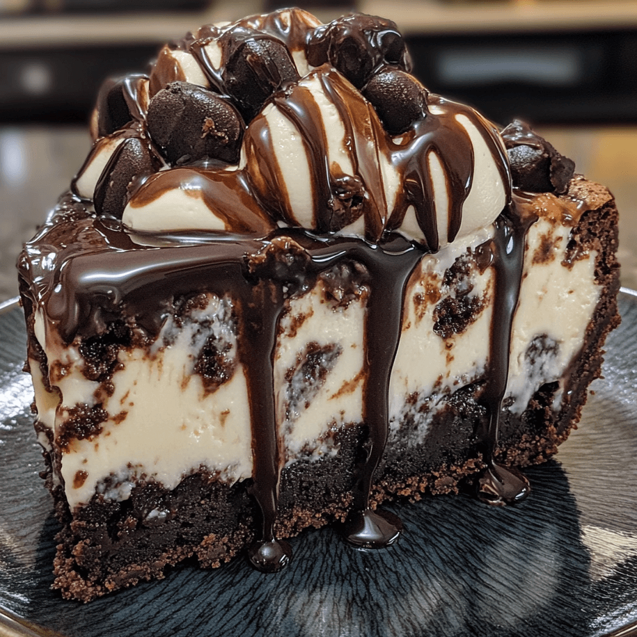 A decadent slice of Hot Fudge Sundae Brownie Cheesecake, topped with a drizzle of hot fudge, whipped cream, and a cherry, showcasing layers of fudgy brownie and creamy cheesecake.