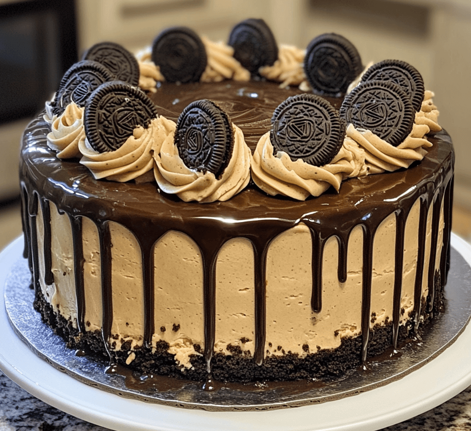 A slice of indulgent Peanut Butter Oreo Ganache Delight Cake, showcasing layers of rich chocolate cake, peanut butter filling, Oreo pieces, and a glossy ganache topping.