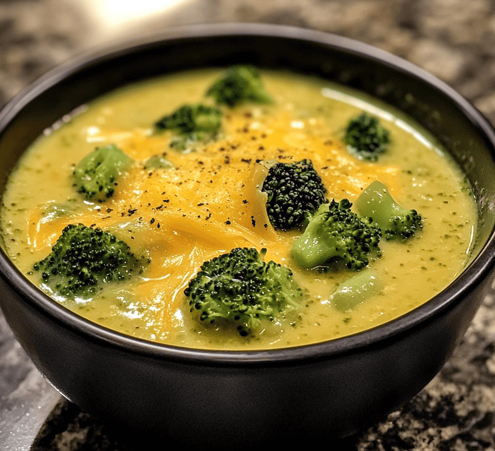 A steaming bowl of broccoli cheddar soup, garnished with shredded cheddar cheese and fresh parsley, served with crusty bread on the side.