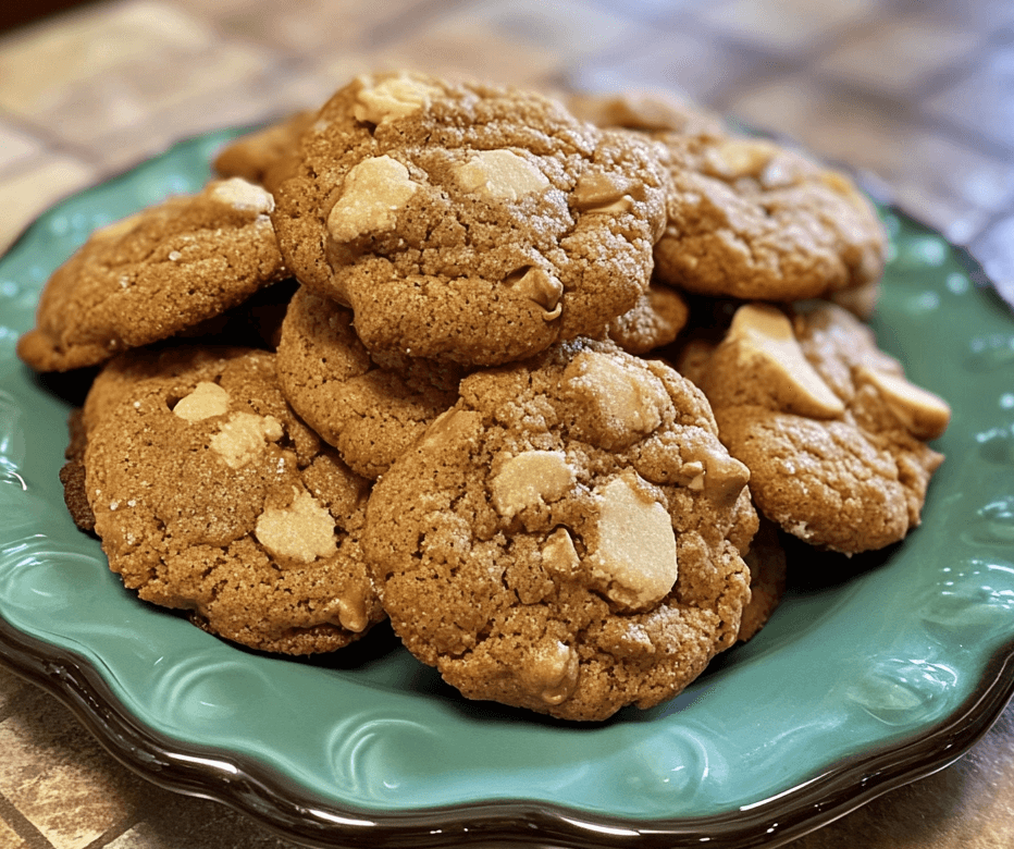 A batch of fall pumpkin spice cookies on a rustic wooden table, sprinkled with cinnamon and surrounded by autumn leaves and a small pumpkin.