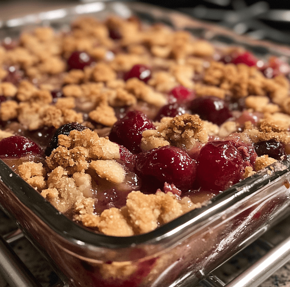 A warm dish of cherry crisp with bubbling cherry filling and a golden oat crumble topping, served with a scoop of vanilla ice cream.