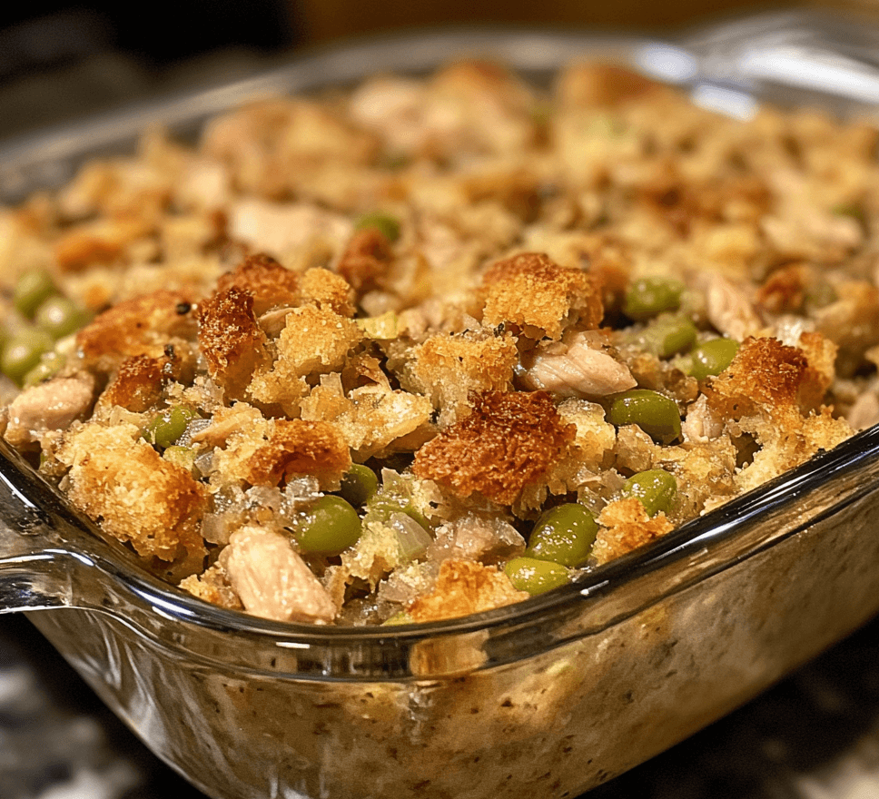 A hearty serving of crockpot chicken, stuffing, and green bean casserole, featuring tender chicken, golden stuffing, and green beans in a creamy sauce.