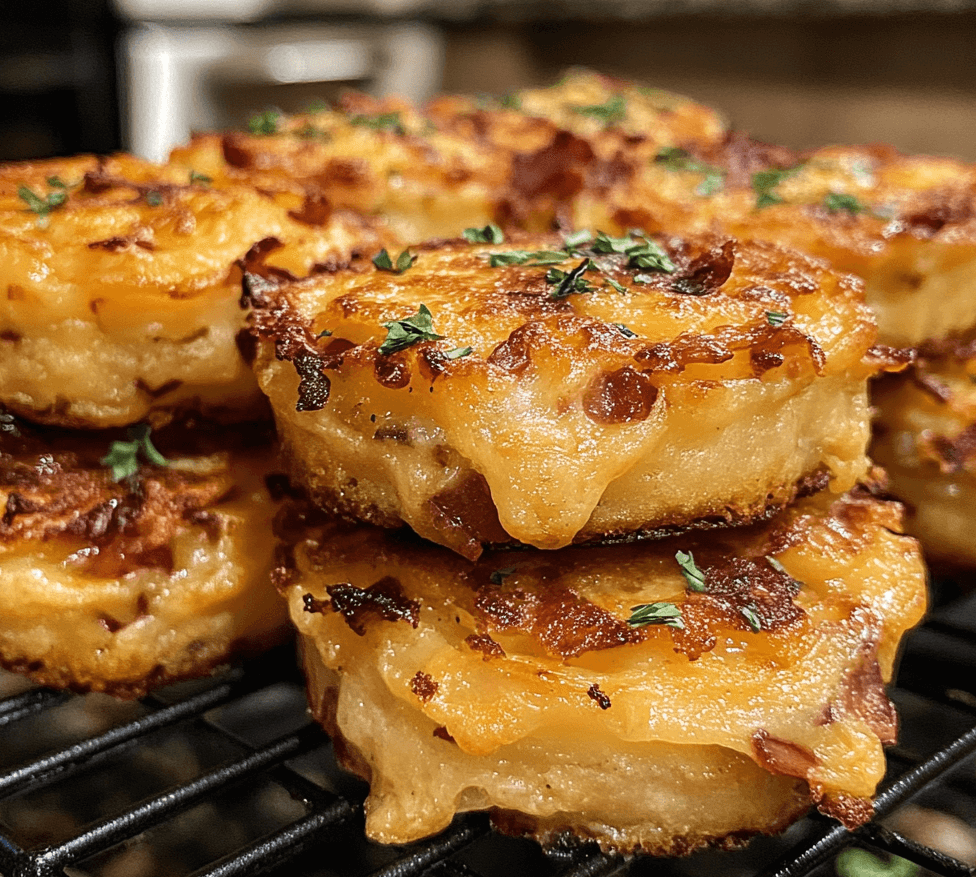 A plate of golden loaded tater cakes topped with melted cheese, crispy bacon bits, and fresh green onions, served with a side of sour cream.