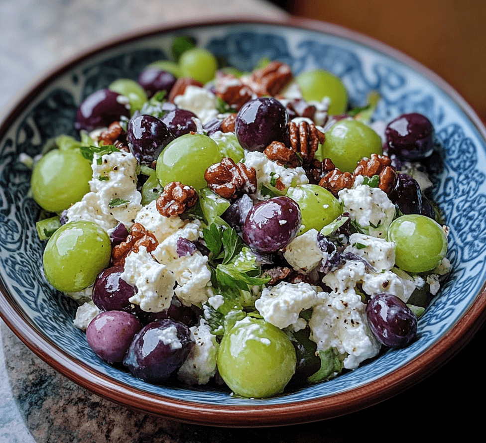 A bowl of vibrant grape salad, with halved green and red grapes mixed with a creamy dressing, topped with crunchy pecans and a hint of cinnamon.