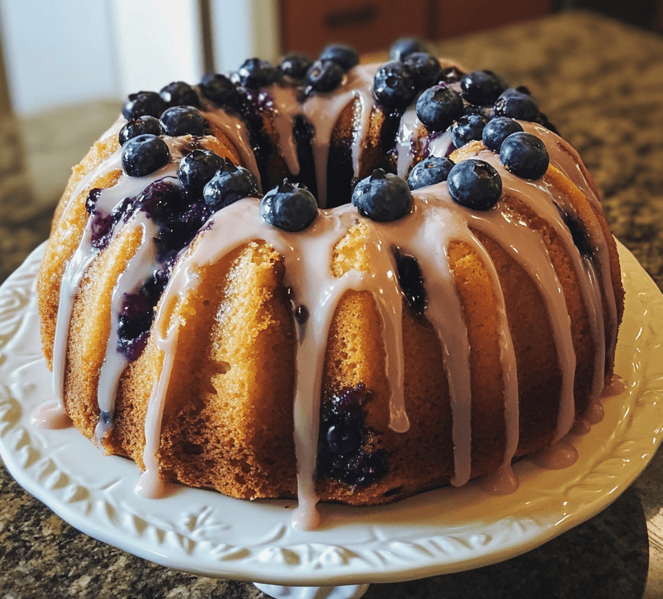 A slice of blueberry lemon Bundt cake with a light glaze, showcasing plump blueberries and a golden, moist crumb, served on a white plate.