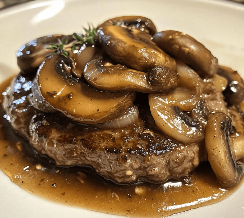 A plate of hamburger steak with caramelized onions and mushrooms, served with a rich brown gravy, creating a delicious and comforting dish.