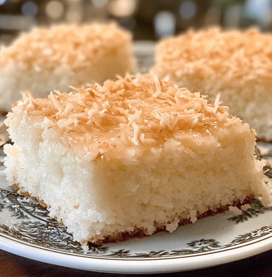 A beautifully frosted coconut cake topped with a generous sprinkle of shredded coconut, sitting on a white cake stand, ready to be served.