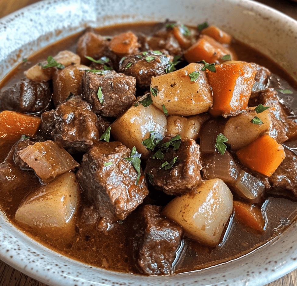 A steaming bowl of old-fashioned beef stew filled with tender beef chunks, carrots, potatoes, and celery in a rich, savory broth.