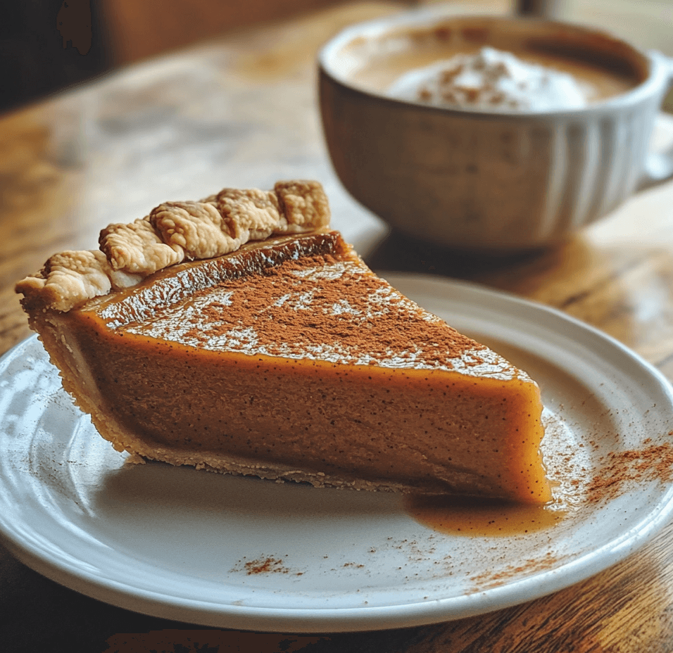 A cup of coffee topped with a swirl of creamy pumpkin pie, maple, and cinnamon coffee creamer, surrounded by fall-themed decorations like pumpkins and cinnamon sticks.