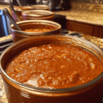 A jar of freshly canned spaghetti sauce with rich tomato color, herbs visible, placed on a countertop with fresh tomatoes and basil leaves beside it.