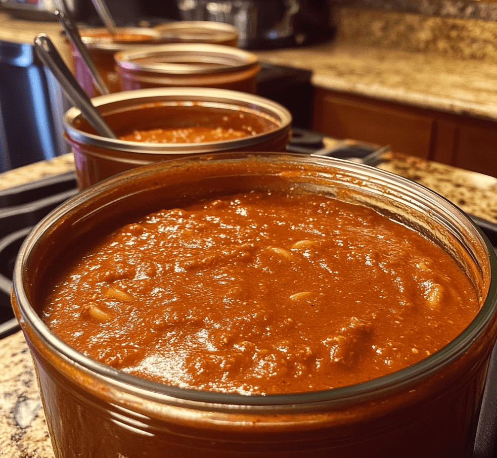 A jar of freshly canned spaghetti sauce with rich tomato color, herbs visible, placed on a countertop with fresh tomatoes and basil leaves beside it.