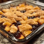 A warm serving of double fruit cobbler with a golden, crumbly top, filled with a mix of juicy berries and peaches, and dusted with a light layer of powdered sugar.