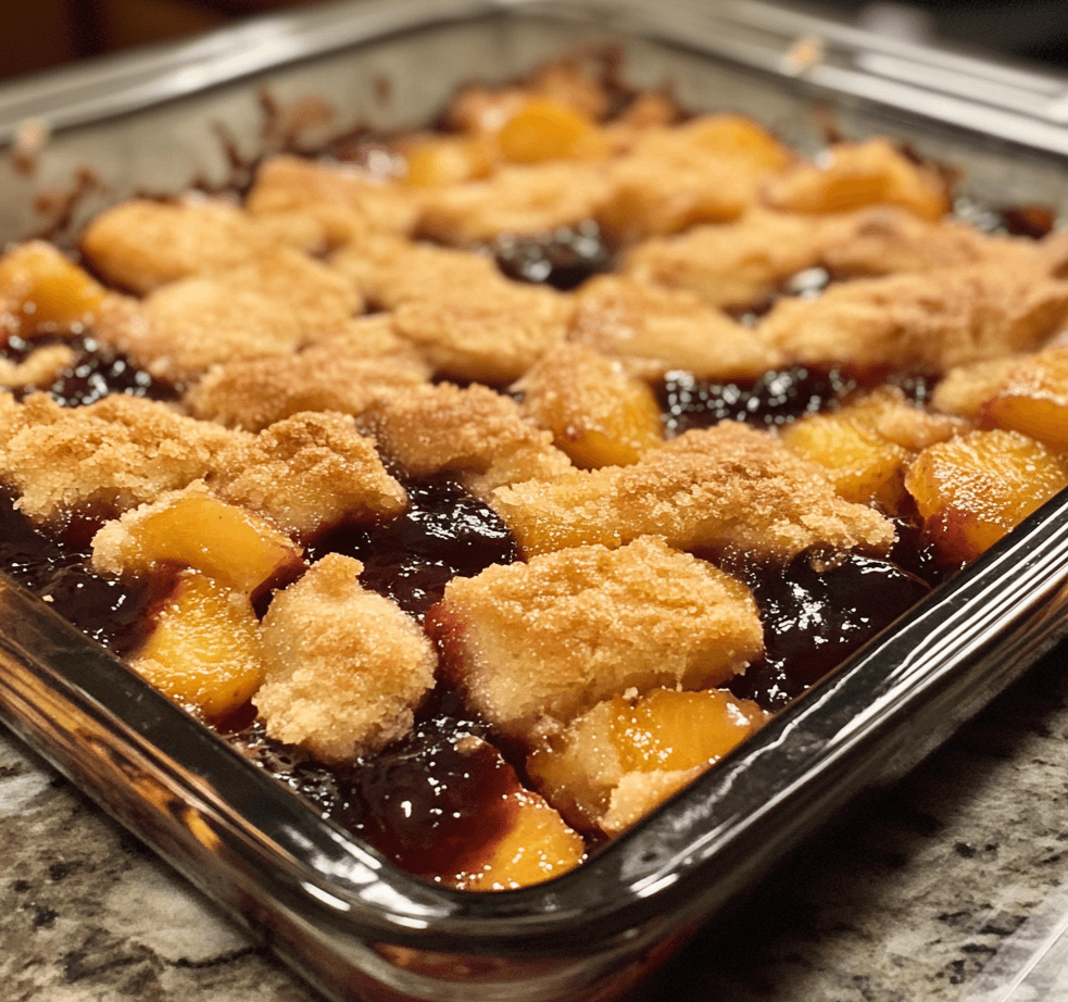 A warm serving of double fruit cobbler with a golden, crumbly top, filled with a mix of juicy berries and peaches, and dusted with a light layer of powdered sugar.