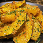 Golden-brown deep-fried squash slices arranged on a plate, crispy on the outside with a tender interior, garnished with a sprinkle of seasoning.