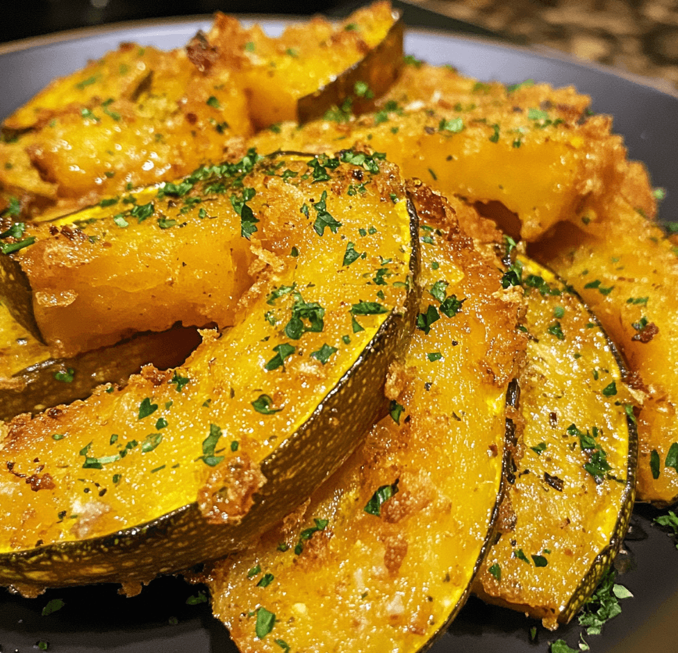 Golden-brown deep-fried squash slices arranged on a plate, crispy on the outside with a tender interior, garnished with a sprinkle of seasoning.