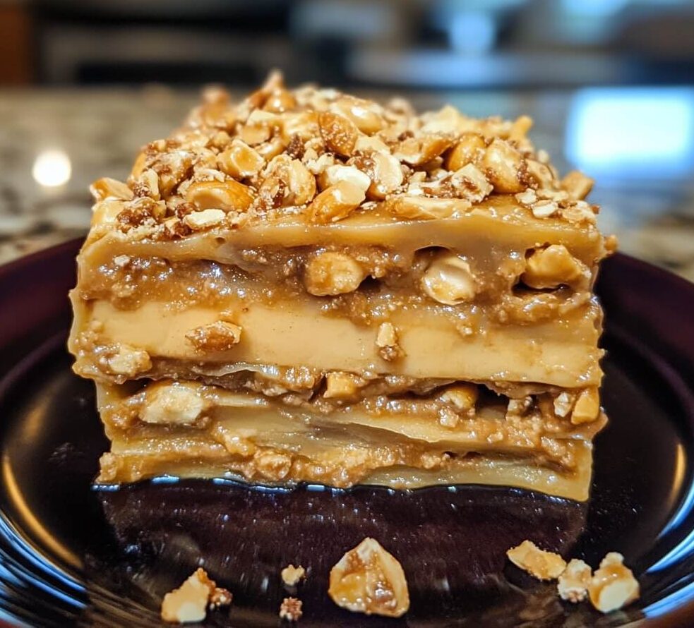 A slice of peanut butter crunch lasagna, with layers of creamy peanut butter filling, a chocolate topping, and crunchy layers, served on a dessert plate.