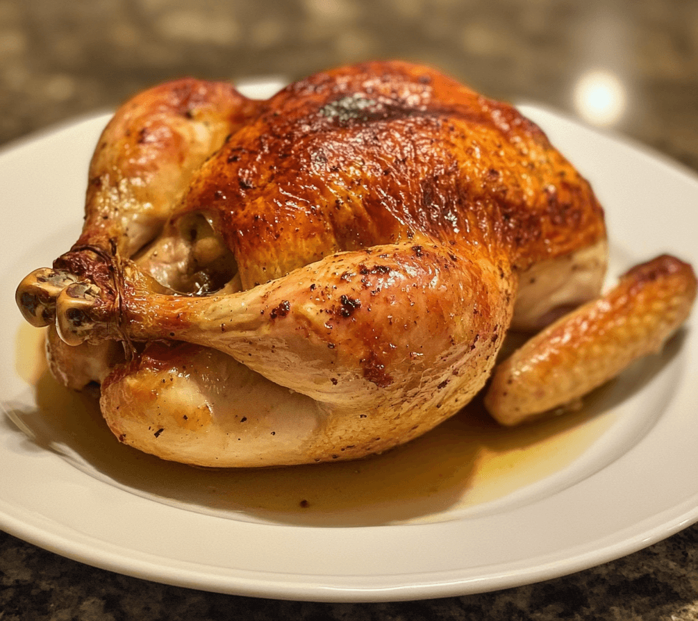 A golden-brown roast whole chicken on a platter, garnished with fresh herbs and surrounded by roasted vegetables.