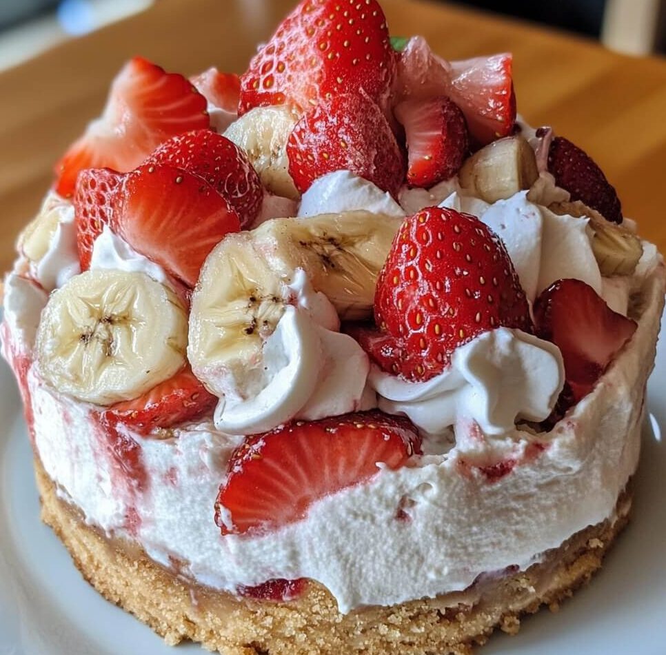 A slice of Banana-Strawberry Cheesecake, topped with fresh banana slices and strawberries, set on a graham cracker crust with a creamy filling.