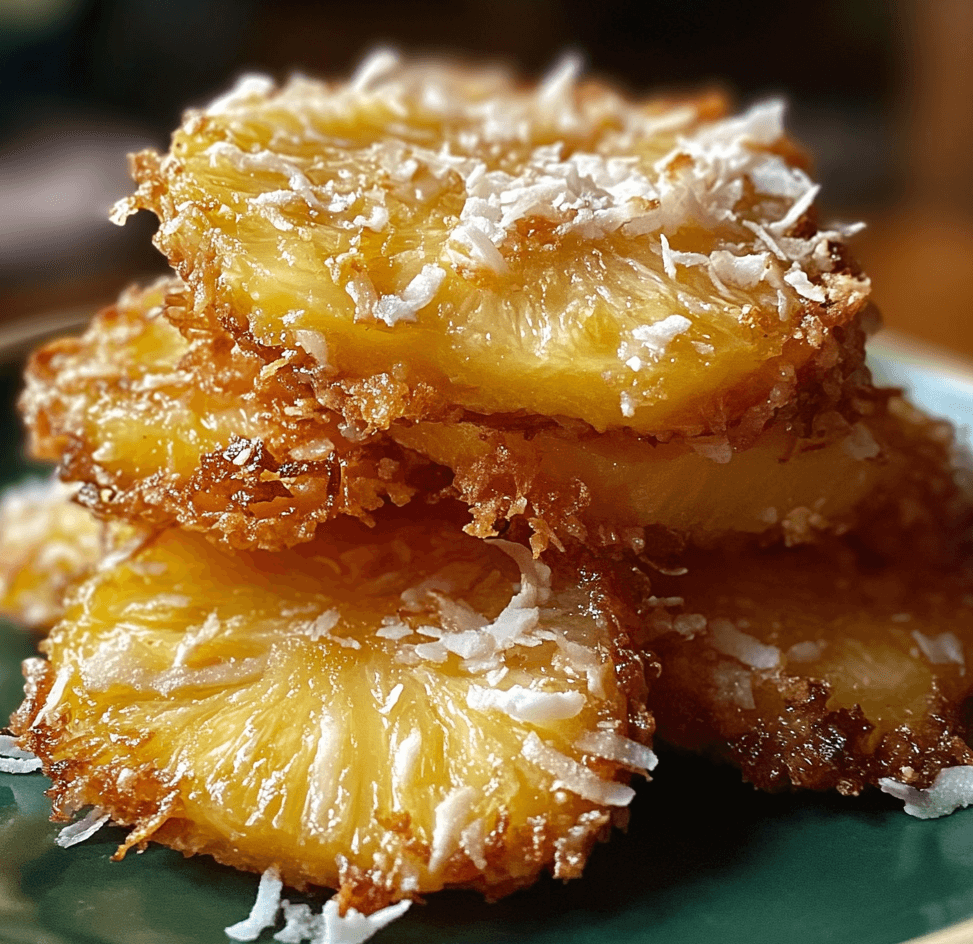 Golden fried pineapple slices with a crispy coconut crust, served on a plate with a light drizzle of syrup and a garnish of mint leaves.