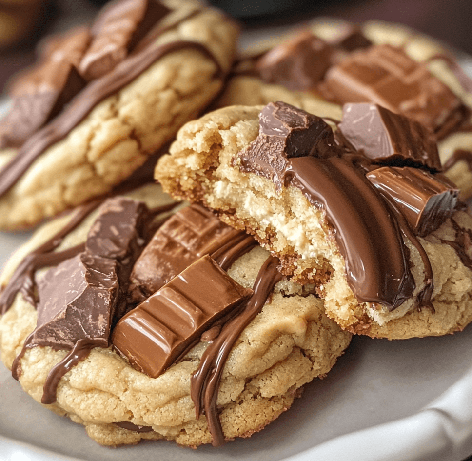 A close-up of irresistible Reese's cheesecake cookies, featuring a soft, golden cookie with a creamy cheesecake center and chunks of Reese’s peanut butter cups.