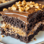 A slice of gooey chocolate peanut butter cake, with a moist chocolate cake base, creamy peanut butter filling, and a generous layer of melted chocolate drizzle.