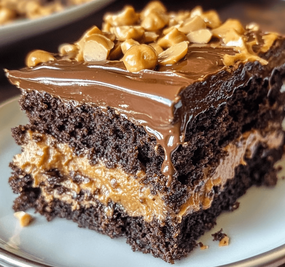 A slice of gooey chocolate peanut butter cake, with a moist chocolate cake base, creamy peanut butter filling, and a generous layer of melted chocolate drizzle.