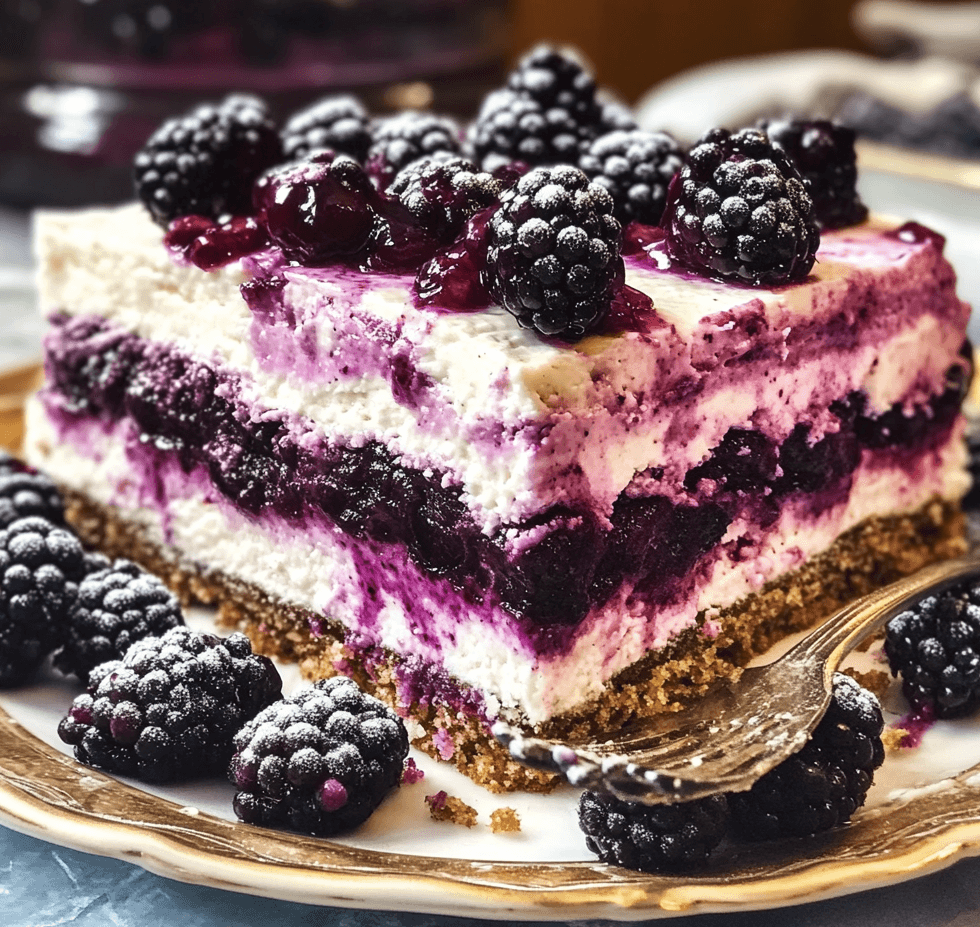 A slice of blackberry icebox cake, featuring layers of creamy filling, fresh blackberries, and graham crackers, topped with more berries and a drizzle of sauce.