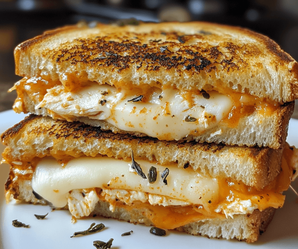 A golden-brown Chicken Parmesan grilled cheese sandwich, cut in half to reveal crispy chicken, melted cheese, and marinara sauce, served with a side of dipping sauce.