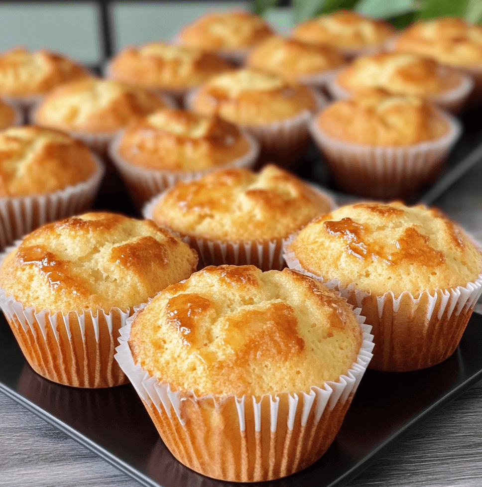 A tray of easy and fluffy vanilla muffins, golden brown on top and perfectly baked, displayed on a wooden table.