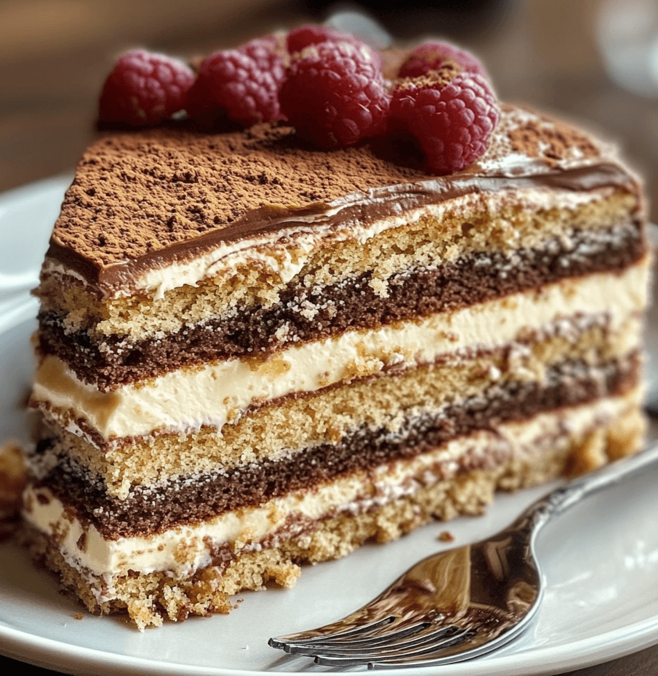 A slice of Kiev Cake, showcasing its crunchy meringue layers, smooth buttercream filling, and a topping of toasted nuts.