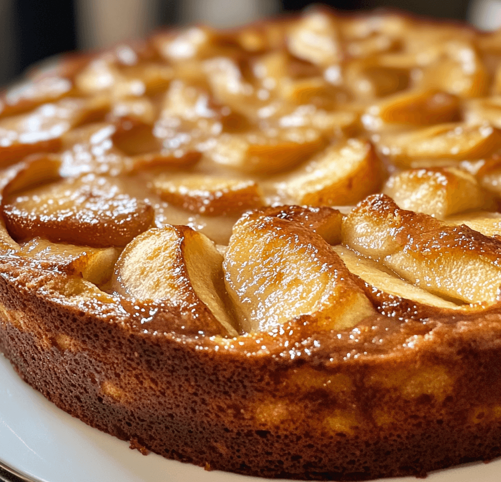 A slice of French apple cake, showcasing soft apple pieces inside a golden, slightly crumbly cake, dusted with powdered sugar.