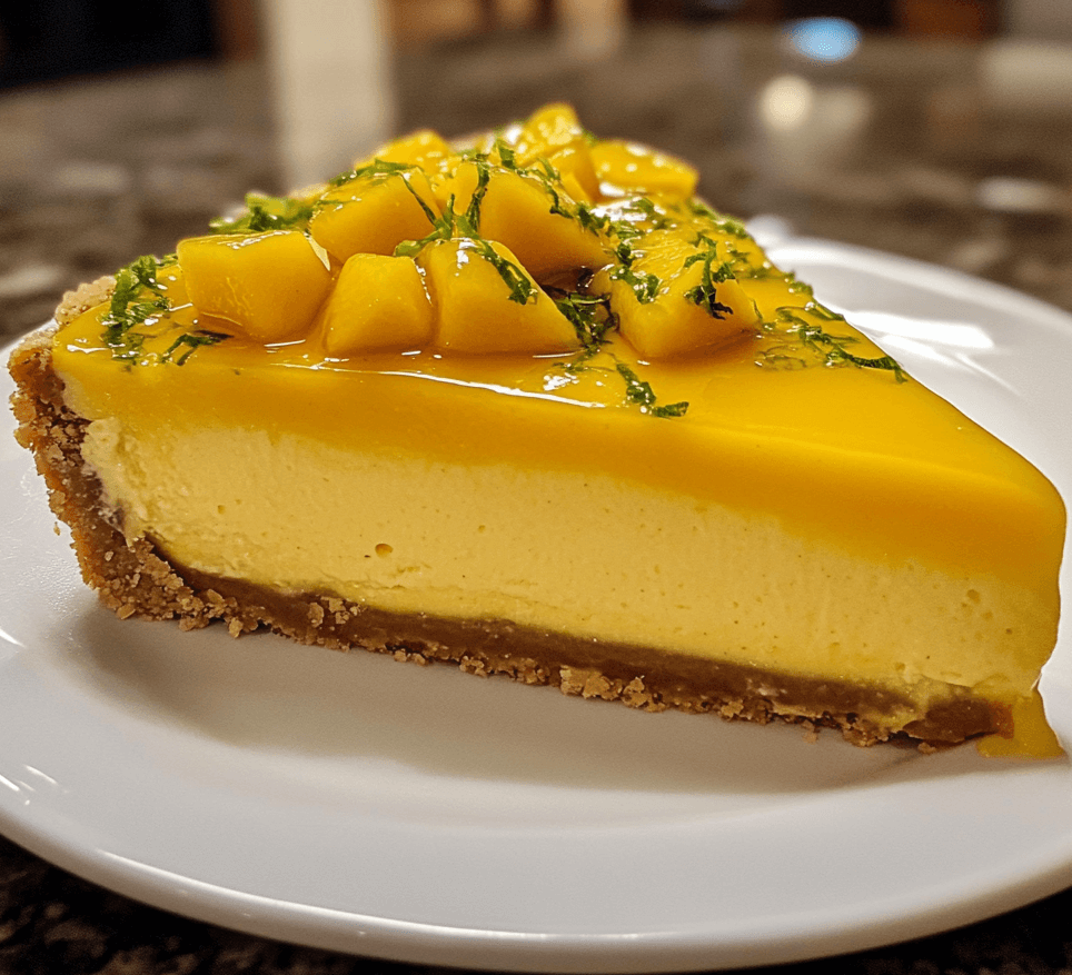 A vibrant slice of mango lime cheesecake, topped with a glossy mango glaze and garnished with a lime twist, resting on a buttery graham cracker crust.