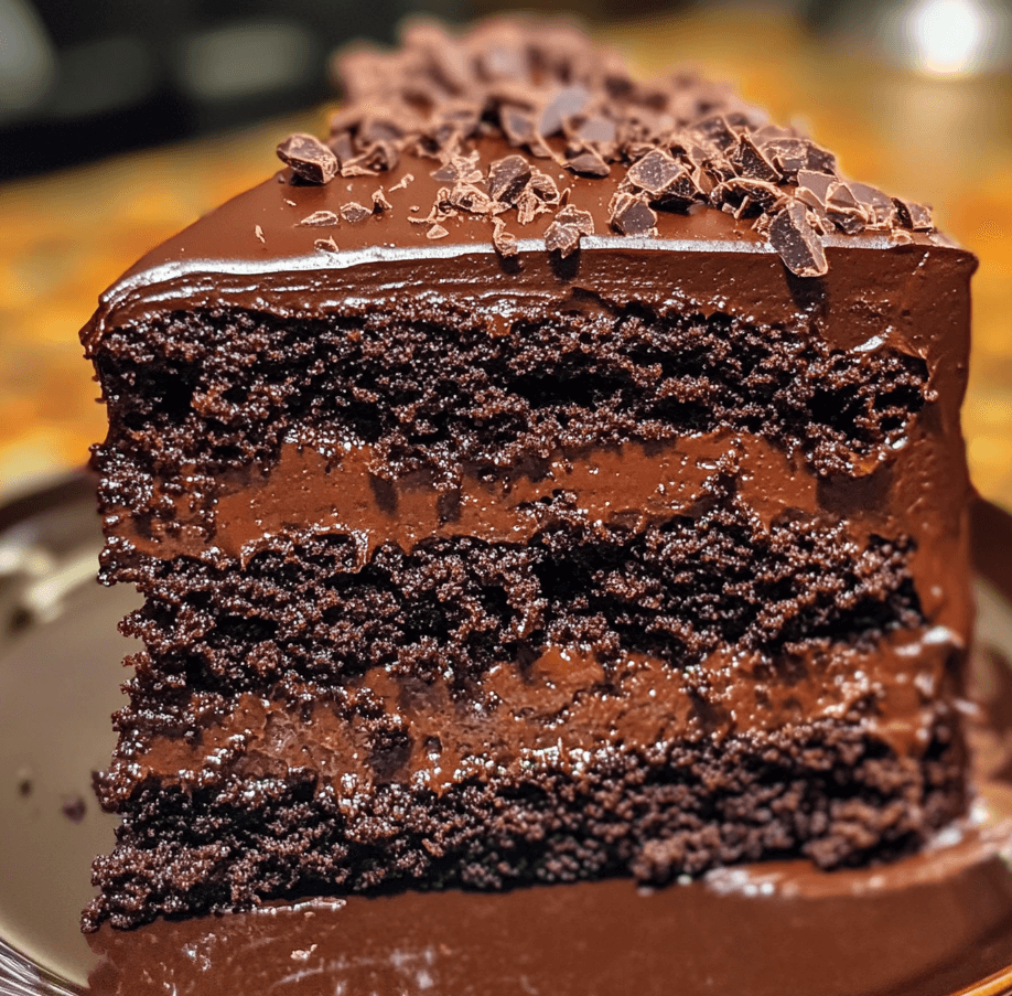 A slice of decadent dark chocolate cake with a smooth, glossy ganache topping, showcasing its rich, moist layers and velvety texture.