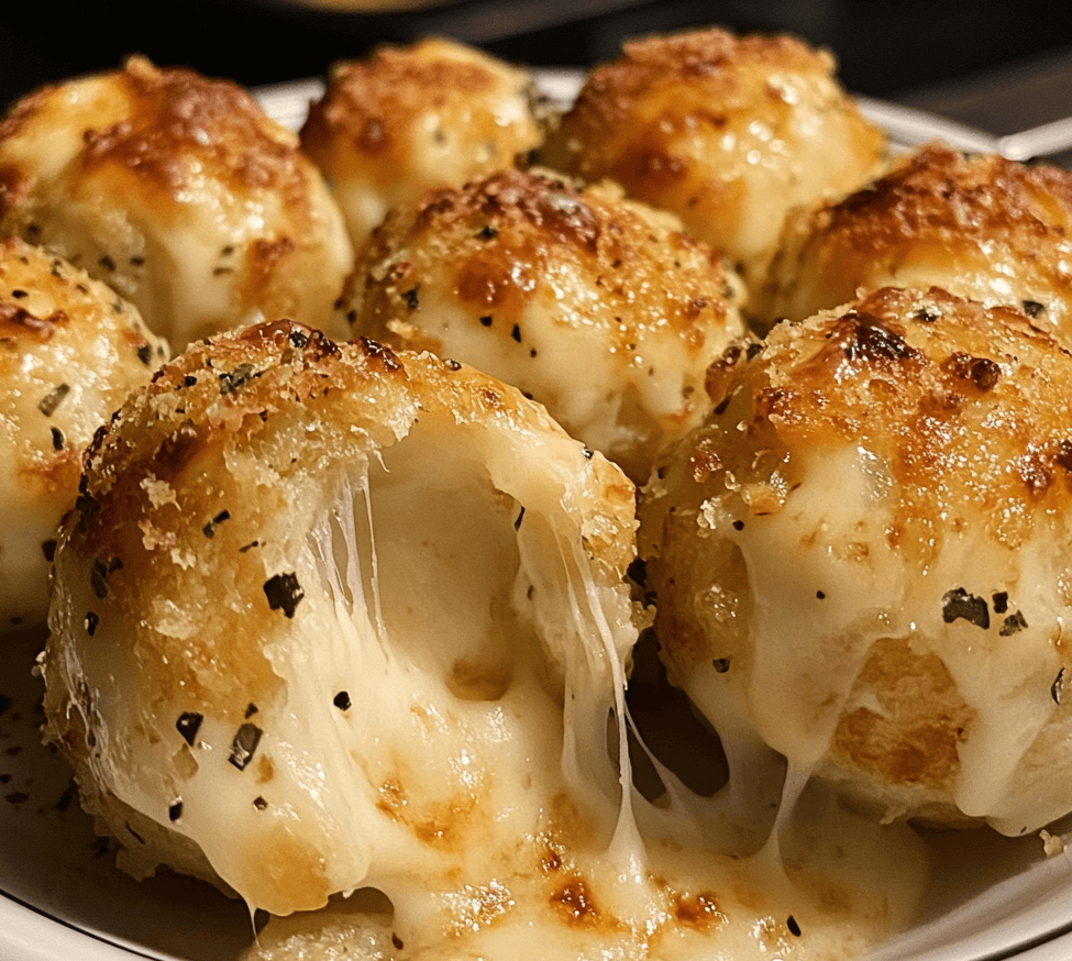 A plate of cheesy stuffed delight bites, golden and crispy on the outside, with melted cheese oozing from the center, garnished with herbs.