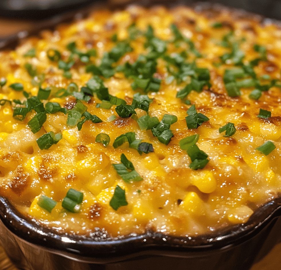 A golden-brown hot corn salad casserole in a baking dish, topped with melted cheese and crispy breadcrumbs, garnished with fresh herbs.