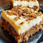 A plate of decadent carrot cake bars, topped with smooth cream cheese frosting and garnished with a light sprinkle of grated carrots, showcasing the moist, fluffy texture.