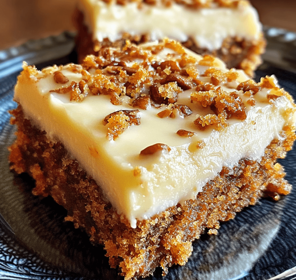 A plate of decadent carrot cake bars, topped with smooth cream cheese frosting and garnished with a light sprinkle of grated carrots, showcasing the moist, fluffy texture.